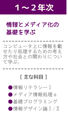 １～２年次：語学の基本を徹底的に学習する。英語もしくは中国語のいずれかを選択。基本スキルを徹底的に学習し、コース必修の短期・中長期の語学留学に参加する。主な科目：Advanved+English+Communication、English+PresentationⅠ・Ⅱ、Intensive+ReasingⅠ・Ⅱ、TOEIC（中級）、中国語中級講読Ⅰ、中国語検定対策Ⅰ、比較文化論、多文化共生論、Japanese+Culture、アジア経済論、国際関連論、国際協力論　など。