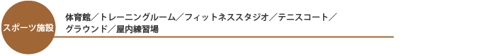 スポーツ施設：体育館／トレーニングルーム／フィットネススタジオ／+テニスコート／グラウンド