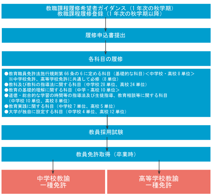 ●教育職員免許法施行規則第66条の6に定める科目（基礎的な科目）＜中学校・高校8単位＞※中学校免許、高等学校免許に共通して必修（8単位）●教科に関する科目＜教科に関する知識修得を主眼とする科目＞（中学校22単位、高校20単位）●教科または教職に関する科目＜中学校8単位、高校16単位＞●教職に関する科目＜教員としての基本的資質形成のための科目＞（中学校33単位、高校25単位）の単位取得⇒介護等体験（2年次）⇒教育実習（4年次春）⇒教員免許取得⇒中学校教諭一種免許OR高等学校教諭一種免許